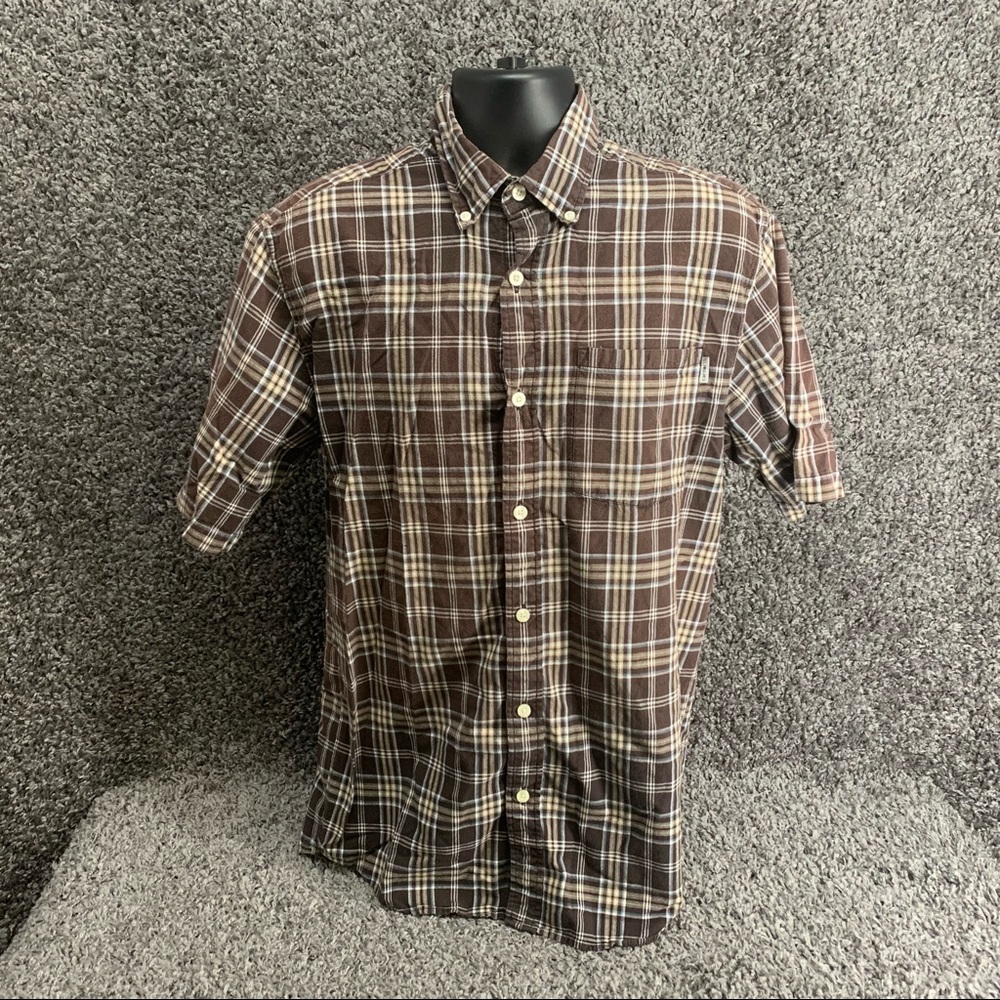 Carhartt Men’s Medium Relaxed Fit Brown Plaid Button Down Short Sleeve Shirt